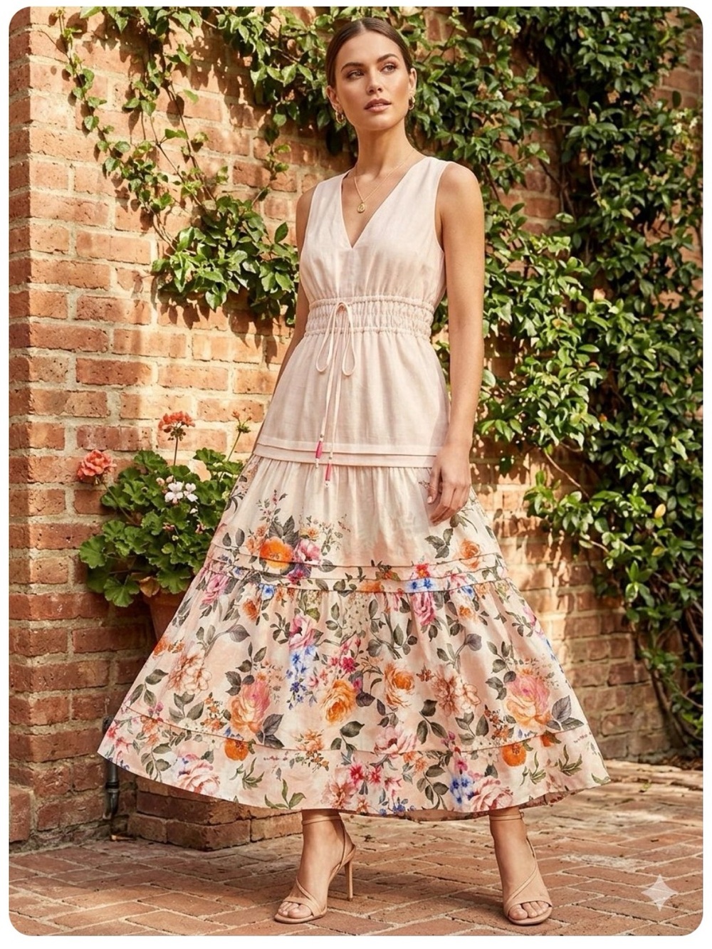 Rachel Zoe Cream Maxi Dress with Multicolor Floral Skirt Linen-Rayon Blend
